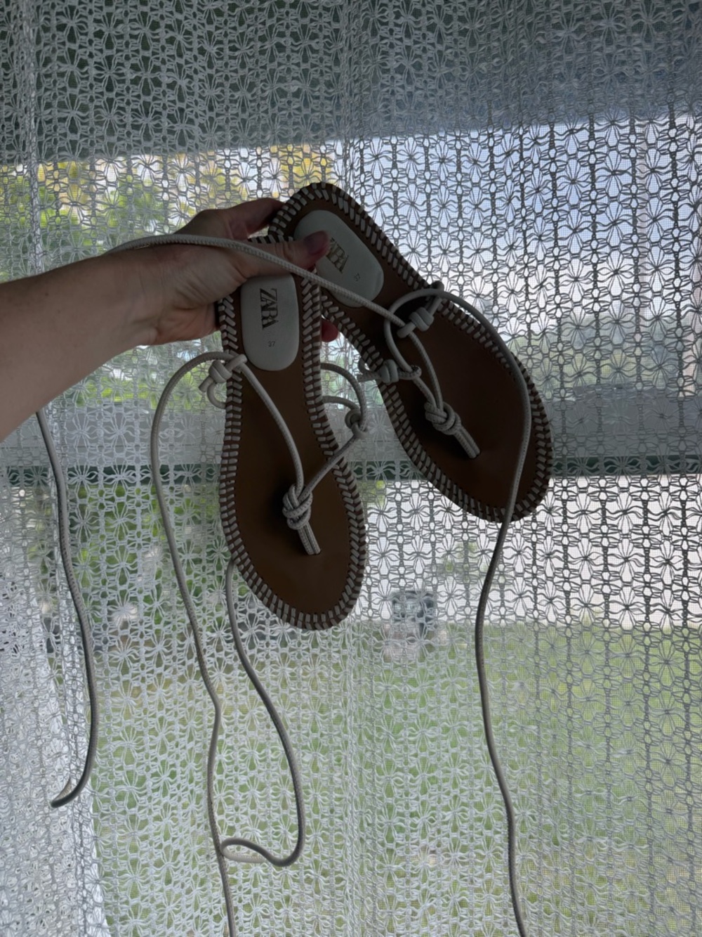 Zara Brown Footbed White Rope Lace-Up Thong Sandals